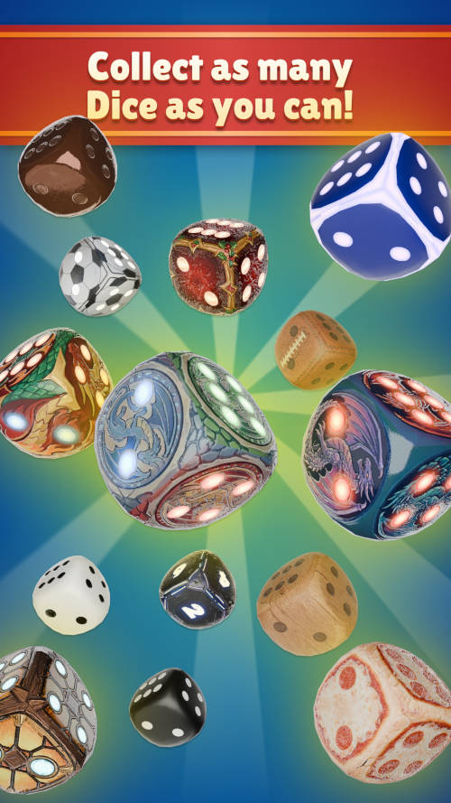 Colorful game poster with many dice of different sizes floating on a blue-green background and a banner that reads 'Collect as many Dice as you can!'