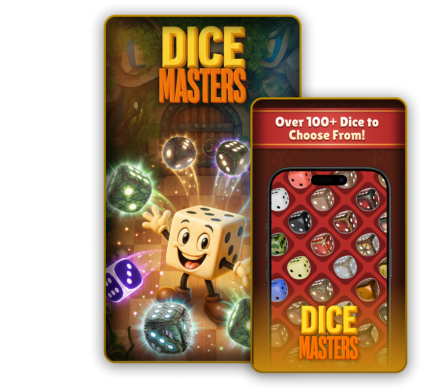 Promotional Dice Masters poster with a smiling dice character and glowing dice, plus a smartphone showing 100+ dice to choose from.