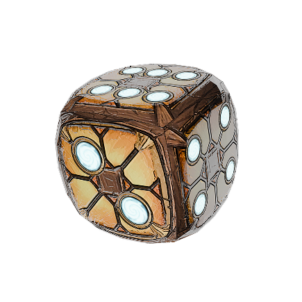 A cube-shaped, wooden-framed die with glowing circular panels on each face, emitting a soft blue light.