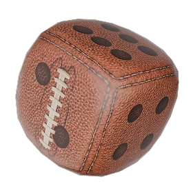 Leather dice-shaped ball with visible stitching and black pips on each face