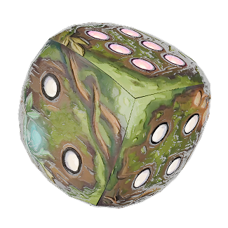 Green nature-themed die with mossy pattern and white pips on each face (stylized forest design)