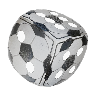 Six-sided metallic die with a soccer-ball pattern on its faces.