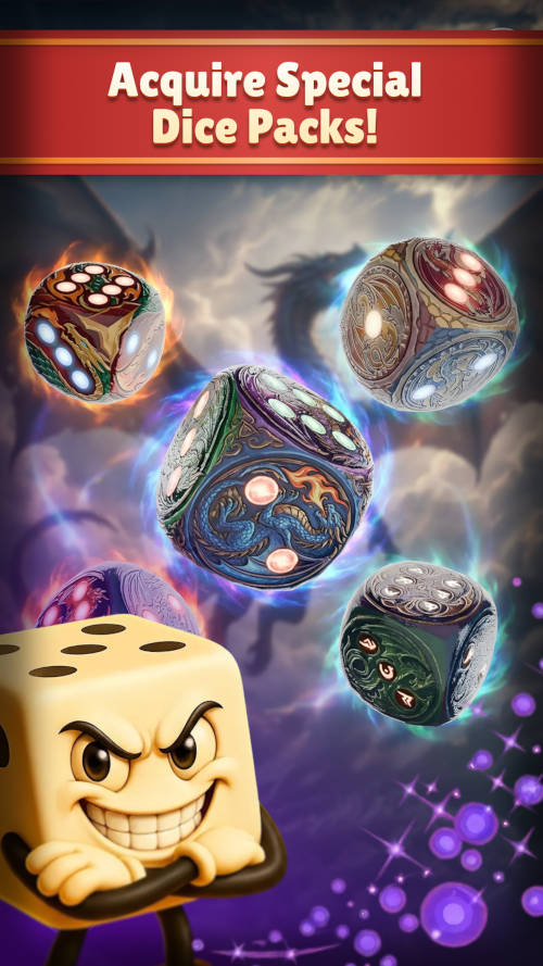 Promo banner reading 'Acquire Special Dice Packs!' with ornate dice floating above a grinning yellow dice character.