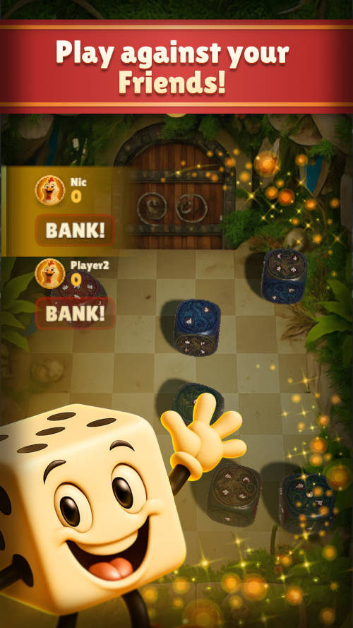 Cartoon dice character smiles and waves on a game board; banner reads 'Play against your Friends!'