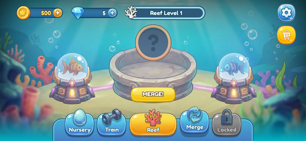 reeftopia-deluxe-fish-merge-evolution-mechanic Underwater game level screen with two fish pods on either side, a central merge button, and reef background; bottom tabs read Nursery, Train, Reef, Merge, Locked.