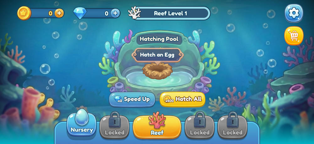 reeftopia-deluxe-hatching-pool-nursery-gameplay Undersea game menu with coral background and an egg-hatching panel: Hatch an Egg, Hatch All, Speed Up options and Reef level indicator.