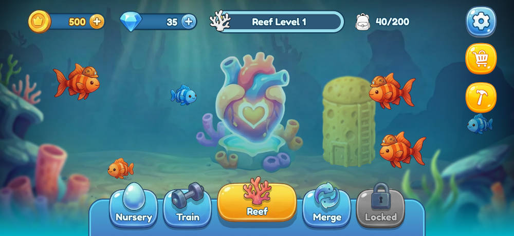 Underwater game scene with colorful fish around coral; top HUD shows coins, gems, and Reef Level 1 progress. Bottom toolbar displays Nursery, Train, Reef (highlighted), Merge, and Locked; right edge features gear, shop, and action icons.