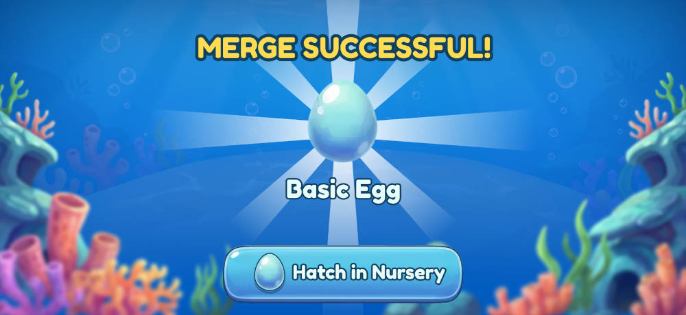 reeftopia-deluxe-merge-successful-basic-egg-reward Merge successful! glowing Basic Egg with rays in a blue underwater scene; button reads 'Hatch in Nursery'