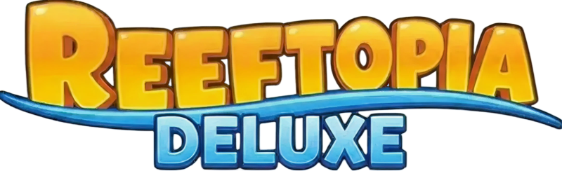 Brand logo for Reeftopia Deluxe, with bold yellow 'REEFTOPIA' text and blue 'DELUXE' beneath, over a blue wave underline.